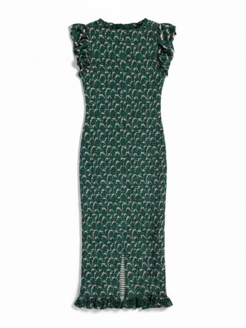Green Smocked Knit Midi Dress with Ruffle Hem - Picture 3 of 6
